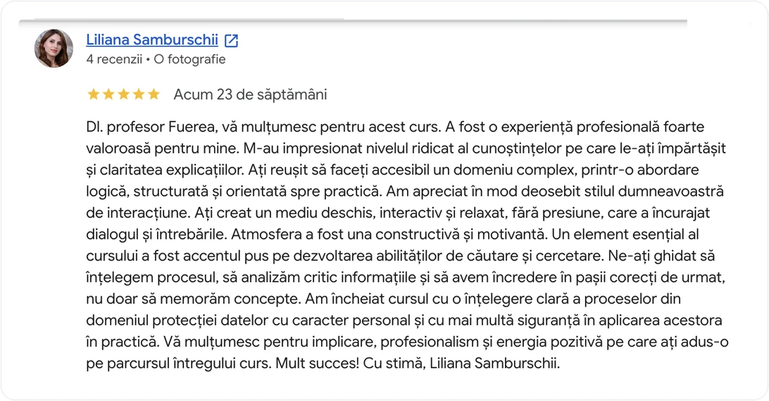 Recenzie APSAP despre cursul GDPR și protecția datelor