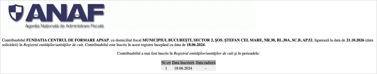 Interogare ANAF din 21.10.2026: Fundația Centrul de Formare APSAP figurează în Registrul entităților/unităților de cult din 18.06.2024